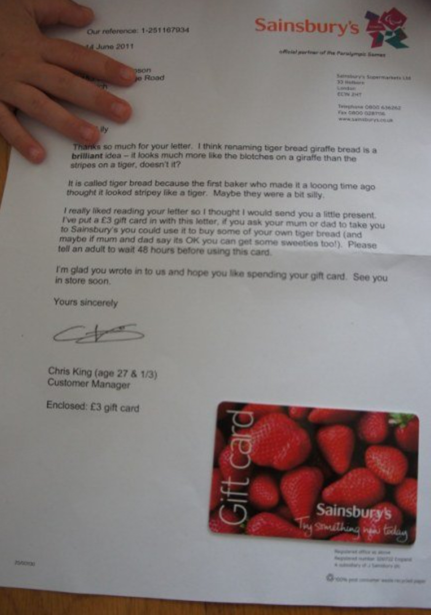 Sainsburys supermarket's reply to Lilly