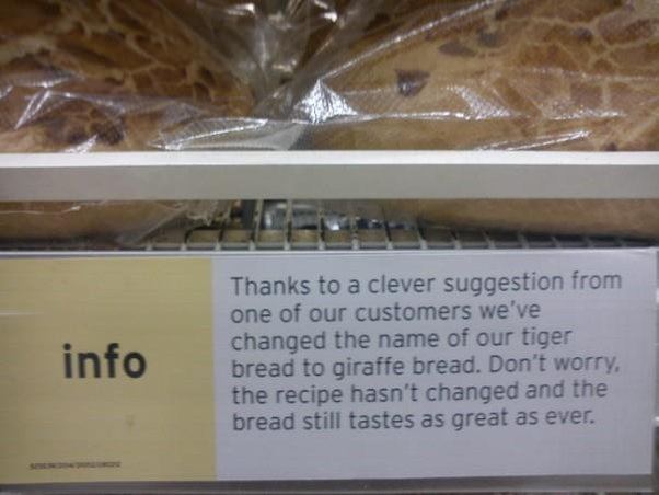 Sainsburys renamed Tiger bread to Giraffe bread